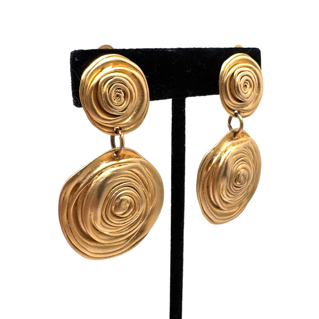 Vintage Norma Jean Textured Goldtone Rose Swirl Drop Earrings Clip-On